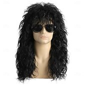 voordelige Historische pruiken-Herenpruik uit de jaren 80, lange zwarte krullende mulletpruik, herenkostuum, heavy metal rocker voor verkleedfeestjes en cosplay.