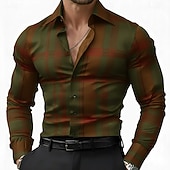 billige Herresatengskjorte-Herre Geometrisk Gitter / Teppe Skjorte Sateng skjorte Dresskjorter Langermet Business Casual Feriereise Hverdag Sommer Vår Høst Aftæpning 3D-utskrift Skjorter med knapper Svart Militærgrønn