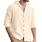 cheap Classic-Men's Shirt Linen Shirt Summer Shirt Beach Wear Hooded Shirt Solid Color Vacation Street Black White Yellow Navy Blue Long Sleeve Shirt Collar Summer Spring Clothing Apparel Pocket