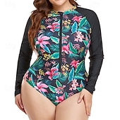 ieftine Rash guards One Piece-Pentru femei Costum de baie One Pieces Protecție anti-erupții cutanate mărime mare Floral Tropical Inchide fermuarul Protecție UV Elastic Manșon Lung Costume de Baie Surfing Plajă Vacanță Vară