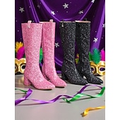 tanie Buty damskie-Kobiece różowe buty na kolano z brokatem i szerokimi obcasami – Iskrzące odważne oświadczenie mody idealne na karnawał festiwale i imprezy kostiumowe