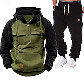 baratos moletons básicos-Homens Moletom Moletom com capuz e calças Conjunto Capuz Diário Ao ar livre Férias Roupa Diária Patchwork Bolsos Half Zip Bloco de cor Azul Vermelho Vinho Preto Roupas Esportivas Esportes Moda Outono