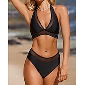 preiswerte Surfen Tankinis &amp; Bikinis-Damen Neckholder-Bikini-Oberteil 2 Teile Bikini mit hohem Bund Einfarbig Netz Elastisch Ärmellos Bademode Surfen Strand Urlaub Sommer
