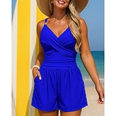 Недорогие Рашгард One Pieces-Жен. Купальный костюм Один Пис Купальник с высокой талией и сборками Однотонный Эластичный Без рукавов Купальники Серфинг Для погружения с трубкой Плавание Лето