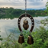 cheap Wall Sculptures-A Lucky Horseshoe Owl Wind Chime, Outdoor Iron Art Love Wind Chime, Vintage Horseshoe Design, Valentine's Day Iron Nail Wind Chime Home Decoration for Good Luck in Love, Perfect Garden Ornament