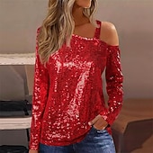 preiswerte Schicke Blusen-Damen Bluse Elegante Oberteile Pailletten-Oberteile Gerafft Pailletten Patchwork Einfarbig Einfach Elegant Vintage Stilvoll Langarm Asymmetrisch Normale Oberteile Täglich Arbeit Ausgehen Blau Schwarz