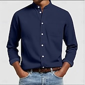 preiswerte Herren Popover Hemden-Herren Hemd Freizeithemd Stehkragenhemd Weiß Rosa Marineblau Grün Kaki Langarm Einfach Mandarinkragen Henley Lässig Outdoor Tasche Bekleidung Polyester Neutral Mode Täglich
