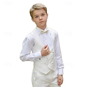 preiswerte Ringträger Anzüge &amp; Outfits-5-teiliger Ringträgeranzug für Jungen und Kinder (Sakko) &amp;Weste &amp; Hose  &amp; Hemd  &amp;Krawatte, Jungenanzug, lässig, für Outdoor-Partys, modisch, cool, Basic, einfarbig, Taschenknöpfe, weiß, Polyester