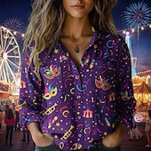 Χαμηλού Κόστους Boho Τοπς-Απόκριες Γυναικεία Πουκάμισο Μπόχο πουκάμισο Κουμπιά Στάμπα Γραφική Βίντατζ Στυλάτο Etnic Μακρυμάνικο Κολάρο Πουκαμίσου Κανονικά μπλουζάκια Καθημερινά Αργίες Εξόδου Ανοικτό Βυσσινί Βυσσινί Βιολετί