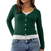 baratos Camiseta lisa-Mulheres Blusa Renda Patchwork Botões Côr Sólida Elegante à moda Casual Manga Longa Decote V Tops regulares Diário Preto Rosa Vermelho Marron Verde Primavera Outono Inverno