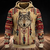 baratos Hoodies Étnicos Vintage-Homens Lobo Tribal Moletom com capuz Moletom Moda Étnico Vintage retrô Manga Longa Gola Redonda Ao ar livre Viagem Festa Presente Azul Marron Com Cordão Outono Inverno Designer S M L XL XXL XXXL