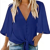 billiga Kostymblusar-Dam Blus Chiffong toppar Lappverk Slät Elegant Stylish 3/4 ärm V-hals Vanliga toppar Dagligen Helgdag Utekväll Svart Vit Rodnande Rosa Marinblå Sommar Vår Höst