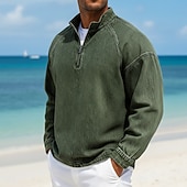 economico T-shirt in Cotone e Lino-Per uomo Camicia 100% cotone lavaggio acido Maglietta Manica Lunga Collo alla coreana Autunno &amp; Inverno Primavera Autunno Semplice Vintage Streetwear Casual Con zip Tinto in capo Sbiadito Casuale