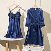 tanie Jednoczęściowe piżamy (kombinezony) damskie-Damskie Odzież domowa Szata Koszula nocna Moda Codzienny Miękkie Czyste kolory Niejednolita całość Sukienka Dom Urlop Długi rękaw W serek Czarny Szampański Rumiany róż Wino Ciemnoniebieski Lato