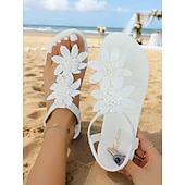 tanie Panna młoda-białe sandały damskie z kwiatowym wzorem i koralikami - eleganckie płaskie buty ślubne na plażowe ceremonie, suknie ślubne &amp;obuwie dla druhen na lato na imprezy plenerowe nad morzem