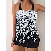 abordables Tankinis-Maillot de bain Tankini femme 2 pièces Shorts Contrôle du ventre Taille haute Slim Dos nu Vacances Plage Vêtements Feuilles V Cou Sans Manches