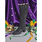 tanie Buty damskie-Kobiece różowe buty na kolano z brokatem i szerokimi obcasami – Iskrzące odważne oświadczenie mody idealne na karnawał festiwale i imprezy kostiumowe