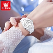 billiga Kvartsklockor-Den nya Olevs mors dags present för damens mode och högklassig klocka med lysande visare och digital visning vit keramik koreansk version student kvartsur avslappnad vattentålig armbandsur