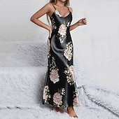 halpa Naisten haalarit-Naisten Yöpaita Vapaa-aika Pehmeä Satiini Kukka Avoin selkä Päivittäin Koti Sänky Hihaton hihnat Sininen Musta Rubiini Apila Kesä Loose Fit