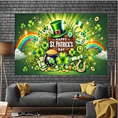 abordables Tapices de vacaciones-Fondo de tapiz festivo del día de San Patricio, diseño de trébol y sombrero de duende, decoración de pared de celebración alegre, colgante con temática irlandesa para el día de San Patricio.