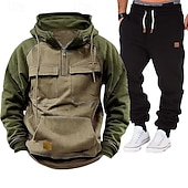 baratos moletons básicos-Homens Moletom Moletom com capuz e calças Conjunto Capuz Diário Ao ar livre Férias Roupa Diária Patchwork Bolsos Half Zip Bloco de cor Azul Vermelho Vinho Preto Roupas Esportivas Esportes Moda Outono
