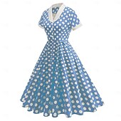 olcso Ruhák-1950-es Retró Rockabilly Déli Swing ruha Flare ruha Rövid ujjú Pöttyös Karcsúsított Jelmez Női Farsang Valentin nap Hétköznapi Hazaérkezés Retro témájú buli Felnőttek Ruha Tavaszi nyár