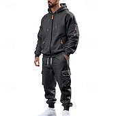 baratos Basic Tracksuits-Men's Hoodie Tracksuit Hoodie &amp; Pants Set Hoodie Daily Outdoor Vacation Daily Wear Drawstring Zip Up Plain Black Navy Blue Khaki Activewear Sports Fashion Fall