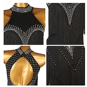 Χαμηλού Κόστους αγωνιστικό φόρεμα-Κομψό μαύρο γυναικείο φόρεμα λάτιν χορού - ψεύτικο ντεκολτέ με τιράντες και λεπτομέρειες από στρας, κρόσσια &amp;ασύμμετρο στρίφωμα rumba salsa cha-cha φόρεμα