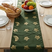 cheap Table Runners-Ramadan Eid Nordic Green &amp; Gold Star &amp; Moon Sequin Embroidered Table Runner, Scandinavian Style, Holiday and Daily Dining Room Decor, Perfect for Parties and Sideboard Decoration