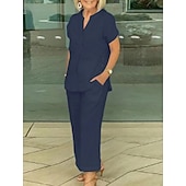 preiswerte Wesentliche Faux Co-ord Sets-Damen Kunstbaumwollleinen Kurzarm V Ausschnitt Einfach Mode Streetwear Täglich Lässig Täglich Blau Marineblau Purpur Sommer Normale Passform