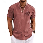 halpa Klassinen-Miesten Paita pellava paita Rantapaita Havaiji paita Kilpikonna ulko- Loma Keltainen Rubiini Sininen Apila Lyhythihainen Stand-kaula-aukko Kesä Kevät Vaatetus Painettu