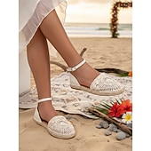 ieftine Femei-Sandale plate de damă, tip espadrilă, din dantelă albă – pantofi boho pentru domnișoare de onoare pentru nunți pe plajă, design confortabil croșetat, cu vârful închis, pentru ceremonii în aer liber