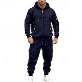 baratos Basic Tracksuits-Men's Hoodie Tracksuit Hoodie &amp; Pants Set Hoodie Daily Outdoor Vacation Daily Wear Drawstring Zip Up Plain Black Navy Blue Khaki Activewear Sports Fashion Fall