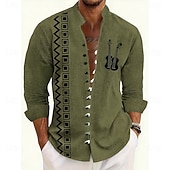 cheap Vintage Shirt-Men's Geometric Pattern Guitar Musical Instrument Shirt Stand Collar Shirt Long Sleeve Vintage Retro Casual Vacation Spring Fall Mandarin Collar Band Collar Button-Down Linen Like Shirt Blue Orange
