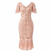cheap 1920s Dresses-Roaring 20s 1920s Knee Length Short Length Dress Wedding Party Bachelor Party Cold Shoulder The Great Gatsby Wedding Guest Sequins Sequin Tassel V Neck Fancy Dress Women's Christmas New Year Evening