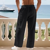 cheap Holiday-Men's Linen Pants Trousers Summer Pants Baggy Pants Beach Pants Drawstring Elastic Waist Solid Color Comfort Breathable Daily Outdoor Beach Vacation Fashion Light Khaki Black Inelastic