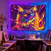 levne Tapiserie Blacklight-závěsná tapiserie s černým světlem a psychedelickým motivem kočky, ideální pro psychedelickou výzdobu pokoje, neonové umění na zeď do koleje nebo obývacího pokoje