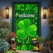 cheap Holiday Tapestries-St. Patrick's Day Door Cover, Irish Flag Background with Giant Clover, "Welcome" Greeting, Festive Entrance Decoration for St. Patrick's Day Celebration.