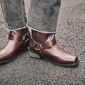 billige Bikerstøvler-Herre Støvler Cowboy Western støvler Retro Gange Fritid Daglig PU Bekvem Støvletter Tøfler Mørkebrun Gulbrun Svart Vår Høst