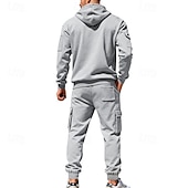 baratos Basic Tracksuits-Men's Hoodie Tracksuit Hoodie &amp; Pants Set Hoodie Daily Outdoor Vacation Daily Wear Drawstring Zip Up Plain Black Navy Blue Khaki Activewear Sports Fashion Fall