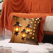 baratos Jogue travesseiros, inserções e capas-Capa de almofada decorativa para o Ramadã e Eid, lua crescente dourada &amp;Almofada de sofá em estilo étnico com estampa de lanternas, decoração para festivais do Oriente Médio, ideal para sala de estar