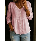 abordables Camisas-Blusa de Algodón y Lino para Mujeres Botones Color Sólido Elegante Casual Manga Larga Cuello en V Tops Regulares Diario Blanco Amarillo Rosa Verde Verano Primavera Otoño