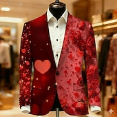 cheap Men's Printed Blazers-Valentine's Day Men's Heart Blazer Jacket Coat Fashion Comfortable Breathable Artistic Casual Daily Party Evening Wear Festival 3D Print Buttons Multi Pocket All Seasons Notch Long Sleeve Red 1 Red 2
