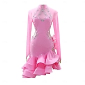 halpa kilpailumekko-latinalainen salsatanssipuku kristallilla / strassilla koristeltu naisten juhlaesitys pitkähihainen rumba chacha -lavakilpailuasu