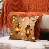 cheap Throw Pillows,Inserts &amp; Covers-Ramadan Eid Throw Pillow Cover, Gold Crescent Moon &amp; Oil Lamp Print, Ethnic Festival Decor, Sofa Cushion for Living Room and Prayer Room, Holiday Accent Pillow