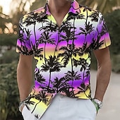 Недорогие Tropical Plants-Men's Coconut Tree Gradient Color Tropical Plants Summer Hawaiian Shirt Button Up Shirt Aloha Shirt Short Sleeve Hawaiian Vacation Beach Wear Summer Spring Turndown 3D Print Collared Shirts Blue