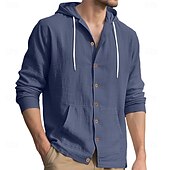 cheap Classic-Men's Shirt Linen Shirt Summer Shirt Beach Wear Hooded Shirt Solid Color Vacation Street Black White Yellow Navy Blue Long Sleeve Shirt Collar Summer Spring Clothing Apparel Pocket