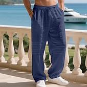 cheap Holiday-Men's Linen Pants Trousers Summer Pants Baggy Pants Beach Pants Drawstring Elastic Waist Solid Color Comfort Breathable Daily Outdoor Beach Vacation Fashion Light Khaki Black Inelastic