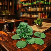 tanie Dzień Świętego Patryka-Złote monety na dzień św. Patryka - 100/200 sztuk złotych zielonych monet na szczęście, plastikowe monety koniczyna skrzat, moneta z 3-listną koniczyną do dekoracji i upominków na imprezę