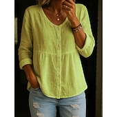 abordables Camisas-Blusa de Algodón y Lino para Mujeres Botones Color Sólido Elegante Casual Manga Larga Cuello en V Tops Regulares Diario Blanco Amarillo Rosa Verde Verano Primavera Otoño